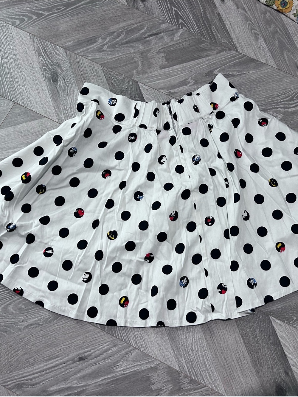 Loungefly White Circle Skater Skirt with Black Polka Dots and Multicolor Accents